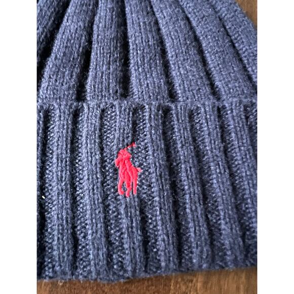 Polo Ralph Lauren Beanie Mens Navy Red Pony Wool Blend Rib Knit Cuffed NEW - Picture 2 of 3